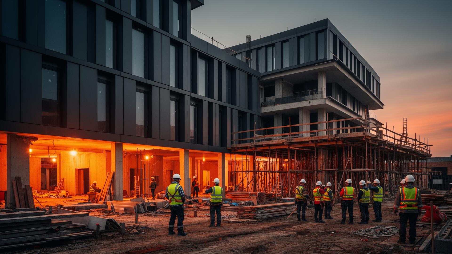 Equipa de construção numa obra ao entardecer